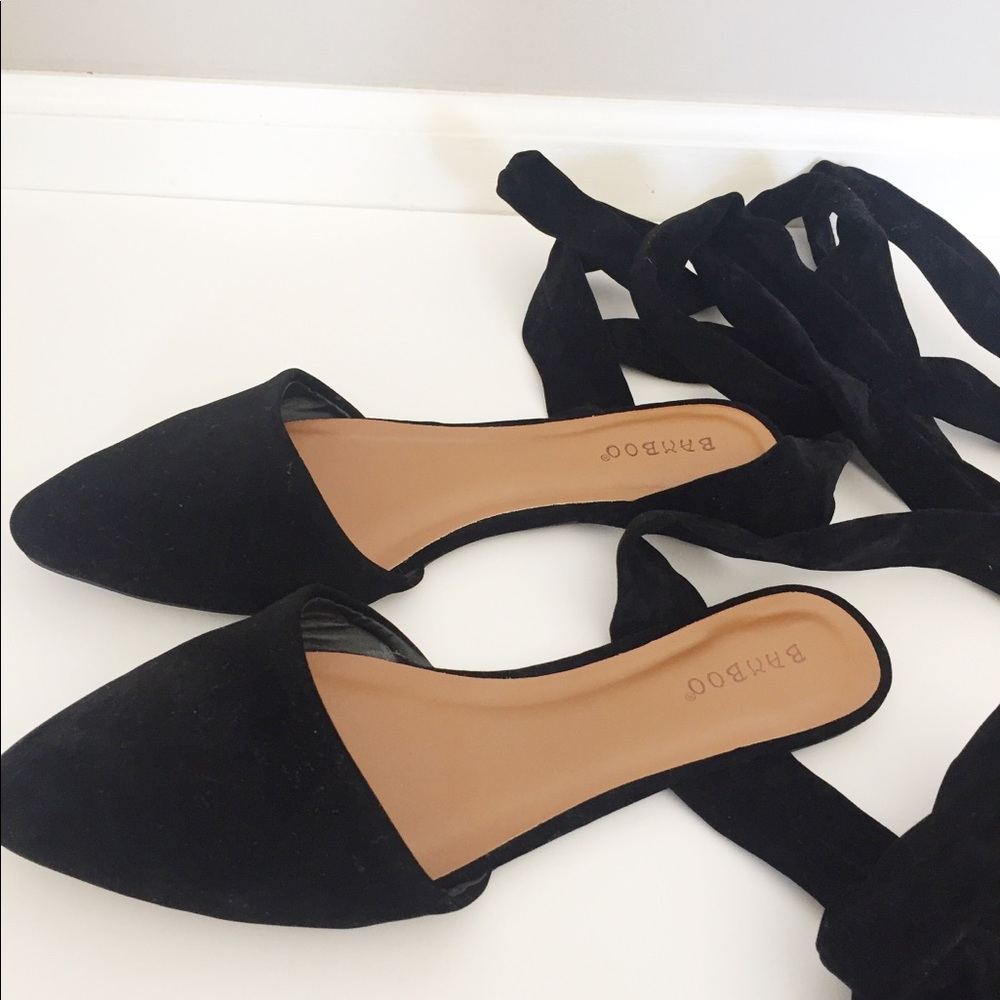 BAMBOO black suede tie up ankle/leg flats